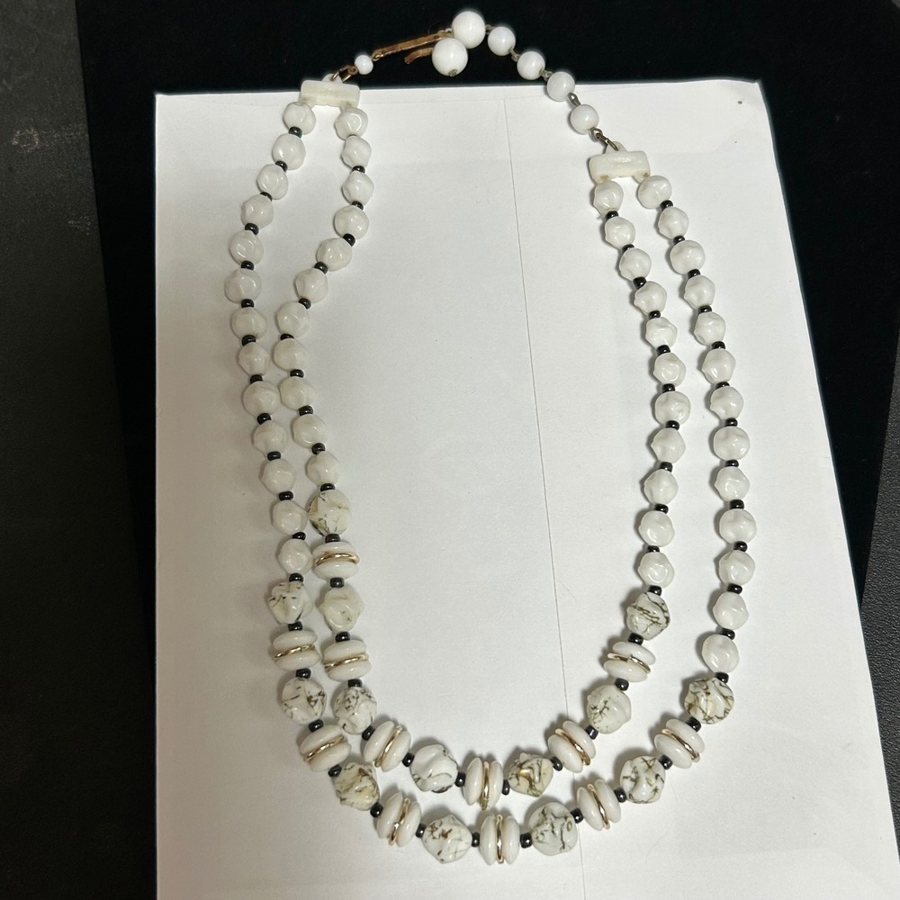 Vintage Double Strand Milk Glass Marbled White Black Gold Bead Necklace 16in